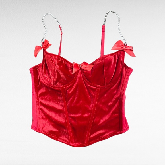 VINTAGEShirley Of Hollywood Red Velvet Rhinestone Lingerie Bustier Corset